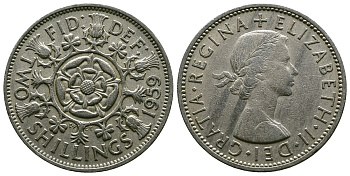 Великобритания 2 шиллинга (флорин) 1959 Елизавета II (1952-2022) KM 906, Spink 4146 медно-никель 4382-211
