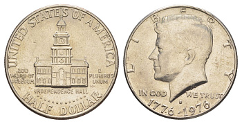 США 1/2 доллара (50 центов) 1976 D, 200 лет независимости, Джон Кеннеди KM 205 медь плакированная медно-никелем aUNC 4545-534