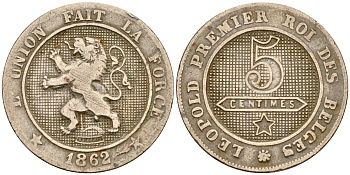 Бельгия 5 сантимов 1862 Belges KM 21 медно-никель    4598-751