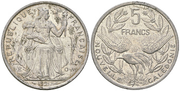 Французская Новая Каледония 5 франков 1991 птица кагу, (IEOM) KM 16, Schoen 12, Lec 79 алюминий 180-1131