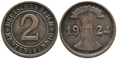 ГЕРМАНИЯ 2 РЕНТЕНПФЕННИГА 1924 A KM 31, J. 307 бронза 24-545