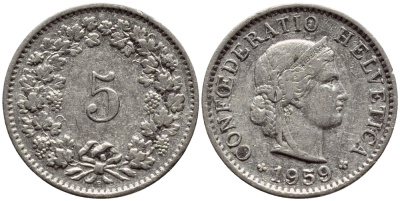 ШВЕЙЦАРИЯ 5 РАППЕНОВ 1959 В KM 26 медно-никель 4398-637