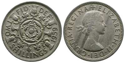 Великобритания 2 шиллинга (флорин) 1959 Елизавета II (1952-2022) KM 906, Spink 4146 медно-никель 4382-211