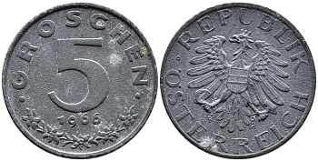 АВСТРИЯ 5 ГРОШЕЙ 1966 KM 2875 цинк 4392-155