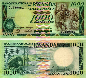 Руанда 1000 франков 1988 ритуальные танцы, гориллы, озеро Pick 21 бумага UNC (пресс) 6312-67-2-1