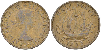 Великобритания 1/2 пенни 1962 Елизавета II (1952-2022) KM 896, Spink 4158 бронза 4544-133