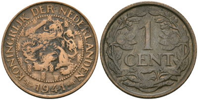 Нидерланды 1 цент 1941 Вильгельмина (1890-1948) KM 152 бронза 4576-1148