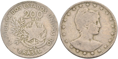 Бразилия 200 рейс 1901 голова свободы вправо KM 504 медно-никель 4589-1132