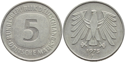 ФРГ 5 марок 1975 F, монетный двор Штутгарт КМ 140.1, J. 415 медно-никель плакированный никелем 4683-915