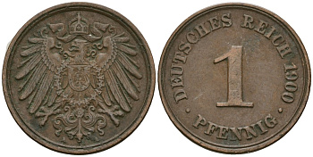Германия 1 пфенниг 1900 A, Вильгельм II (1888-1918) KM 10, J. 10 медь 3955-1166