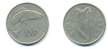 ИРЛАНДИЯ 10 ПЕНСОВ 1975 ЛОСОСЬ KM 23 медно-никель 93-512