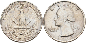 США 25 ЦЕНТОВ = КВОТЕР 1989 P, ВАШИНГТОН KM А164a медь плакированная медно-никелем 190-352