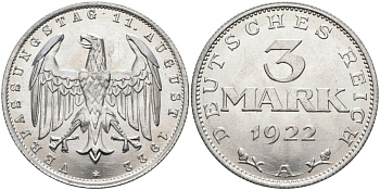 Германия 3 марки 1922 A, третья годовщина Веймарской Конституции KM 29, J.303 алюминий UNC 4587-136