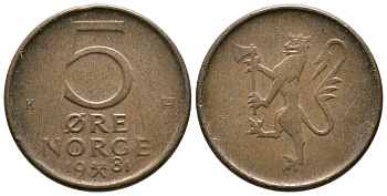 Норвегия 5 эре 1981 Улаф V (1958-1991) KM 415 бронза 220-452