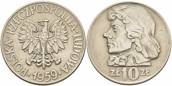 Польша 10 злотых 1959 MW, Тадеуш Костюшко, первый год KM 50 медно-никель 4517-812