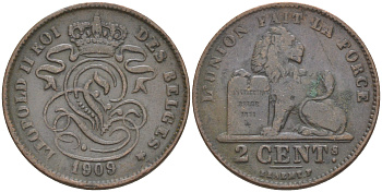 БЕЛЬГИЯ 2 САНТИМА 1909 BELGES KM 35.1 медь 106-421