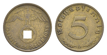 Германия 5 рейхспфеннигов 1938 D KM 91, J. 363 алюминиевая бронза 4647-823