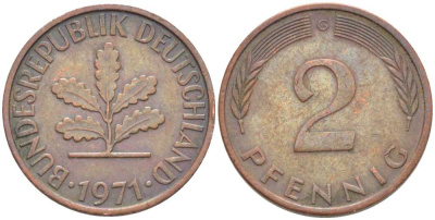 ФРГ 2 ПФЕННИГА 1971 G KM 106a, J. 381a сталь плакированная сталь плакированная медьюю 116-325