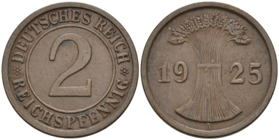 Германия 2 рейхспфеннига 1925 А KM 38, J.314, Weege 4 бронза 4575-434