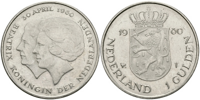 Нидерланды 1 гульден 1980 на коронацию Беатрикс, 30 апреля 1980 KM 200 никель 94-712