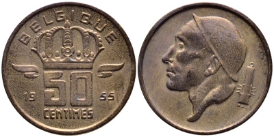 БЕЛЬГИЯ 50 САНТИМОВ 1955 BELGIQUE KM 144 бронза 4392-812