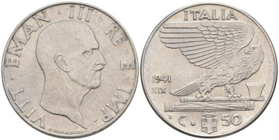ИТАЛИЯ 50 ЧЕНТЕЗИМО 1941 R, ГОД XIX, ВИКТОР ЭММАНУИЛ III (1900-1946) KM 76b, VEM3. 1063 нержавеющая сталь 3853-316