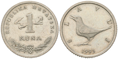 Хорватия 1 куна 1993 западный соловей, легенда на хорватском KM 9.1 медь цинк никель aUNC 4448-356