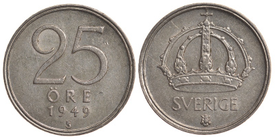 Швеция 25 эре 1949 TS, Густав V (1907-1950) KM 816 серебро 4179-866