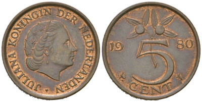 Нидерланды 5 центов 1980 KM 181 бронза aUNC 4618-359