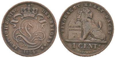 Бельгия 1 сантим 1894 DER BELGEN, Леопольд II (1865-1909) KM 34 медь 4617-517