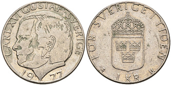 Швеция 1 крона 1977 Карл XVI Густав (1973- ) KM 852 медь плакированная медно-никелем 181-655