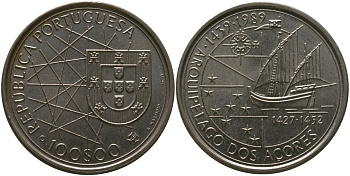 Португалия 100 эскудо 1989 INCM, Золотой век открытий - Открытие Азорских островов KM 648 медно-никель aUNC 4587-1241