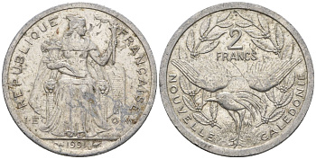 Французская Новая Каледония 2 франка 1991 птица кагу, (IEOM) KM 14, Schoen 11, Lec 67 алюминий    23-647