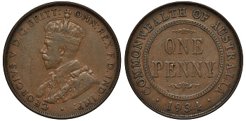 АВСТРАЛИЯ 1 ПЕННИ 1934 ГЕОРГ V (1910-1936) KM 23 бронза 02-264-26