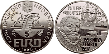 НИДЕРЛАНДЫ 5 ЕВРО 1996 ВИЛЛЕМ БАРЕНЦ (1596-1597) НОВАЯ ЗЕМЛЯ медно-никель UNC 650-1133