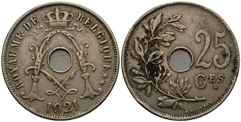 Бельгия 25 сантимов 1921 Belgique KM 68 медно-никель 28-453