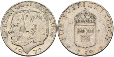 Швеция 1 крона 1977 Карл XVI Густав (1973- ) KM 852 медь плакированная медно-никелем 181-655