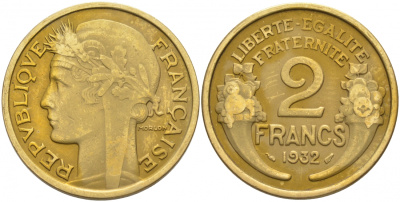 ФРАНЦИЯ 2 ФРАНКА 1932 ТИП MORLON KM 886, LE FRANC 268.3 алюминиевая бронза 3855-636