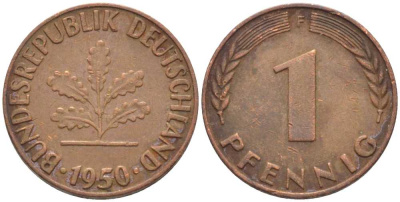 ФРГ 1 ПФЕННИГ 1950 F KM 105, J. 380 сталь плакированная медью 116-353