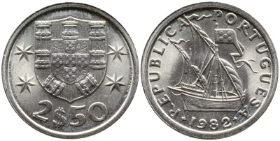 ПОРТУГАЛИЯ 2,5 ЭСКУДО 1982 ПАРУСНИК KM 590 медно-никель 4387-664