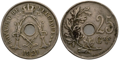 Бельгия 25 сантимов 1921 Belgique KM 68 медно-никель 28-453