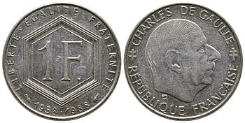 ФРАНЦИЯ 1 ФРАНК 1988 ШАРЛЬ ДЕ ГОЛЛЬ, 30 ЛЕТ РЕСПУБЛИКЕ KM 963 никель 91-135