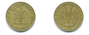 ЗАПАДНАЯ АФРИКА 10 ФРАНКОВ 1975 KM 1а алюминий никель бронза 86-1643