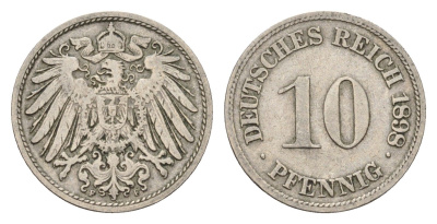 Германия 10 пфеннигов 1898 F, Вильгельм II (1888-1918) KM 12, J. 13 медно-никель 4636-755