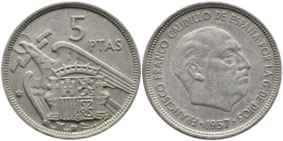 ИСПАНИЯ 5 ПЕСЕТ 1957 (73) ФРАНСИСКО ФРАНКО ДИКТАТОР ИСПАНИИ (1939-1975) KM 786 медно-никель 4393-235