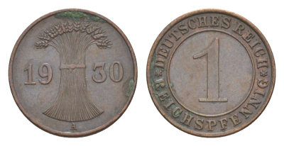 Германия 1 рейхспфенниг 1930 A KM 37, J. 313 бронза 4636-312