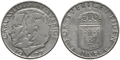 Швеция 1 крона 1977 Карл XVI Густав (1973- ) KM 852 медь плакированная медно-никелем 4577-822