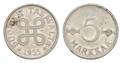 Финляндия 5 марок 1955 KM 37a железо плакированное никелем 4647-443