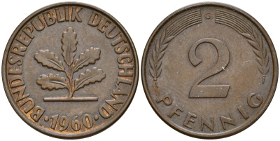 ФРГ 2 пфеннига 1960 G J.381  KM 106 бронза    4598-721
