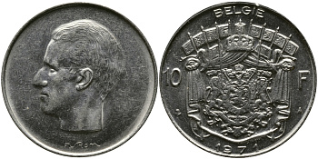БЕЛЬГИЯ 10 ФРАНКОВ 1971 BELGIE, БОДУЭН I (1951-1993) KM 156.1 никель 3333-1041